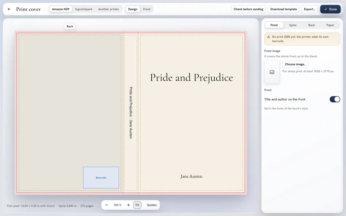 The print cover designer: back cover, spine and front cover laid out with bleed and the barcode area.
