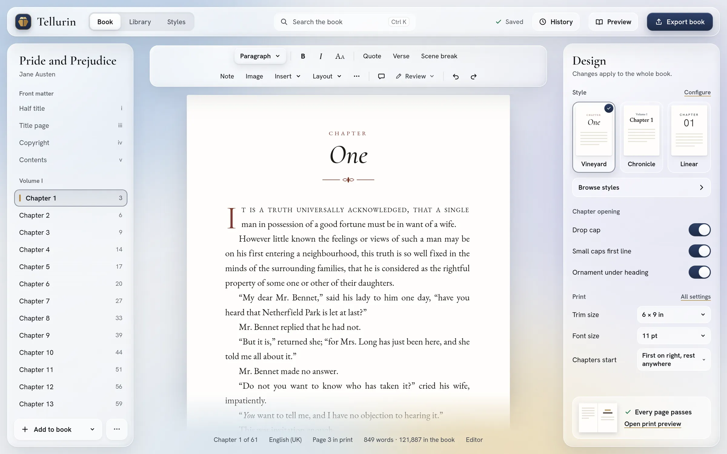 The Tellurin editor: the chapters on the left, the typeset page in the middle, the book's design settings on the right.