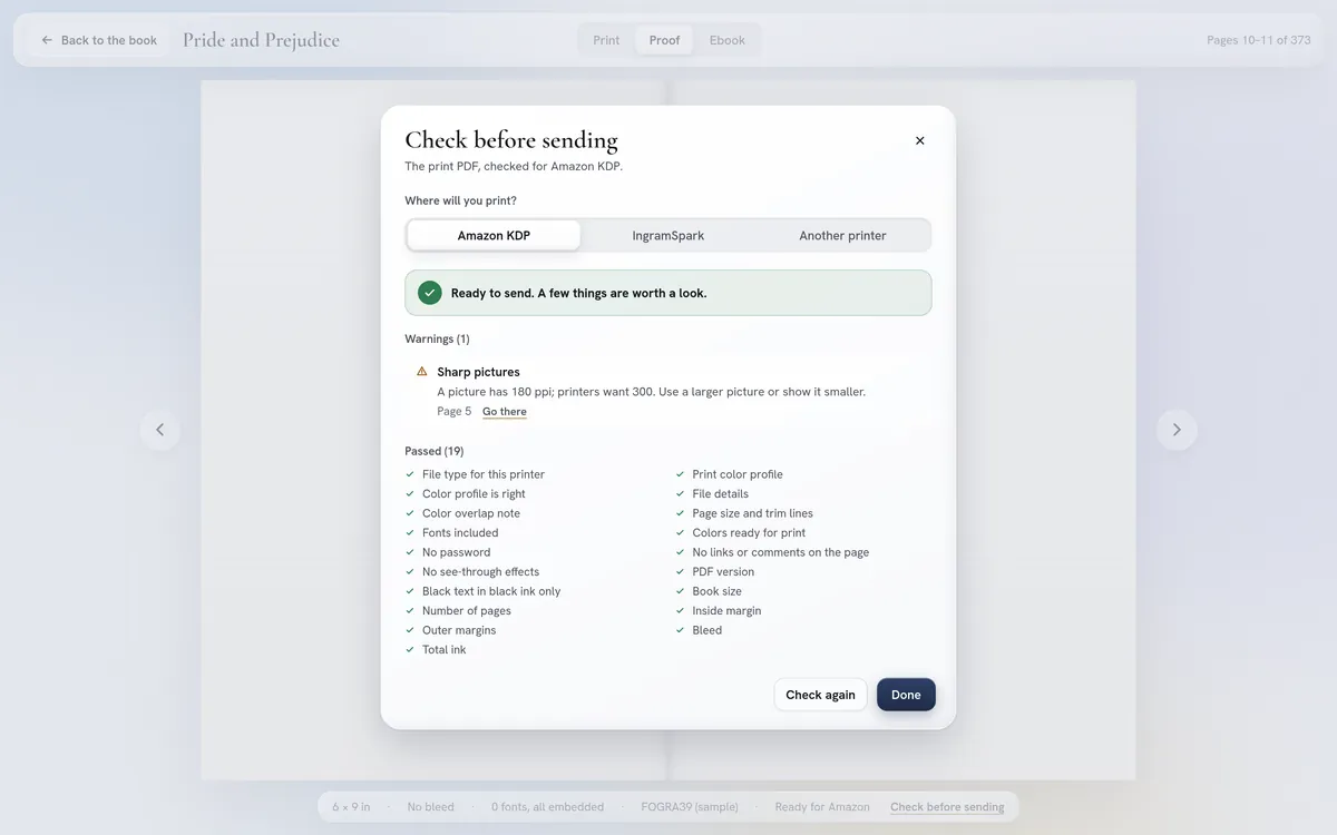 The check before sending, for Amazon KDP: ready to send, one warning about a picture, nineteen checks passed.