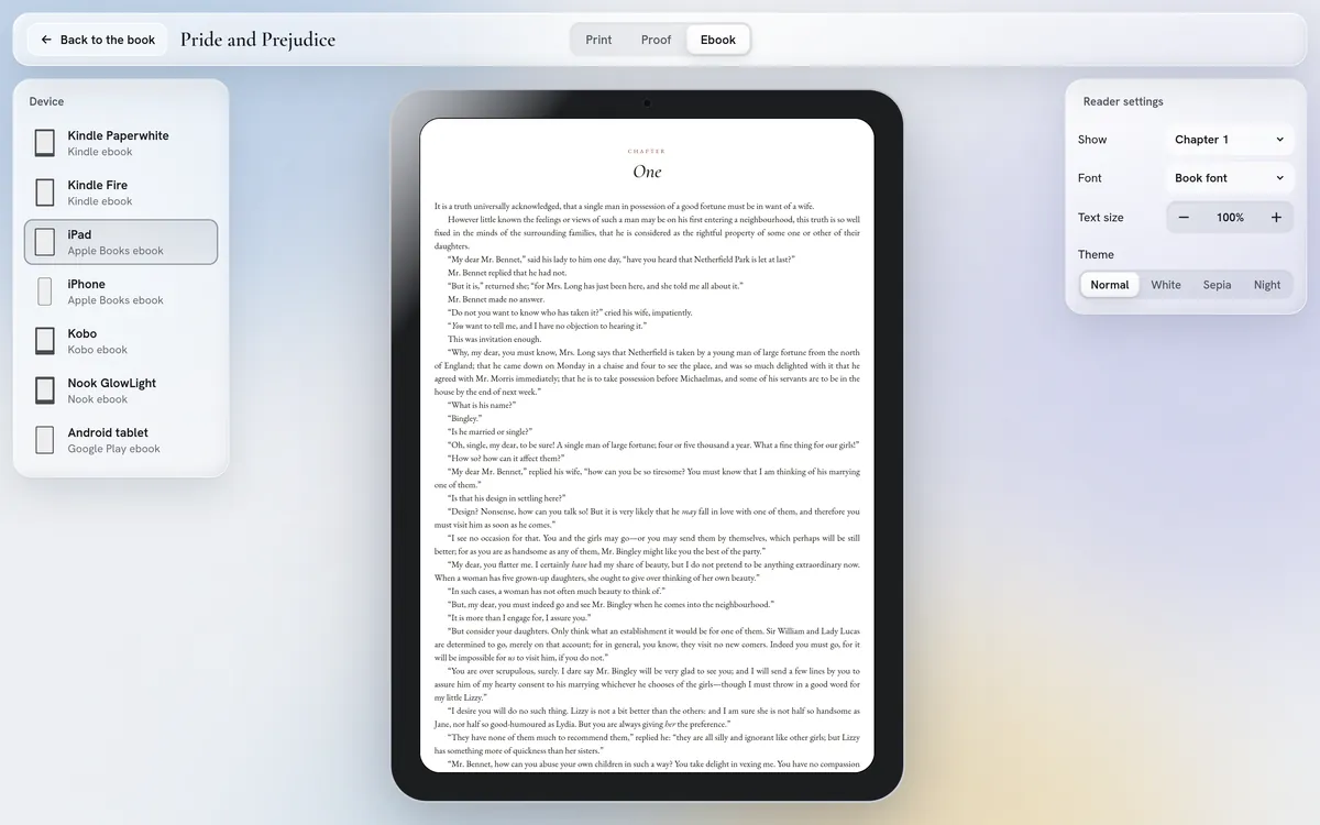 The ebook preview: the book on an iPad, with a list of devices on the left and reader settings on the right.